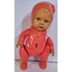 Vintage Large Celluloid Plastic Doll Pink Baby Blue Eyes Retro